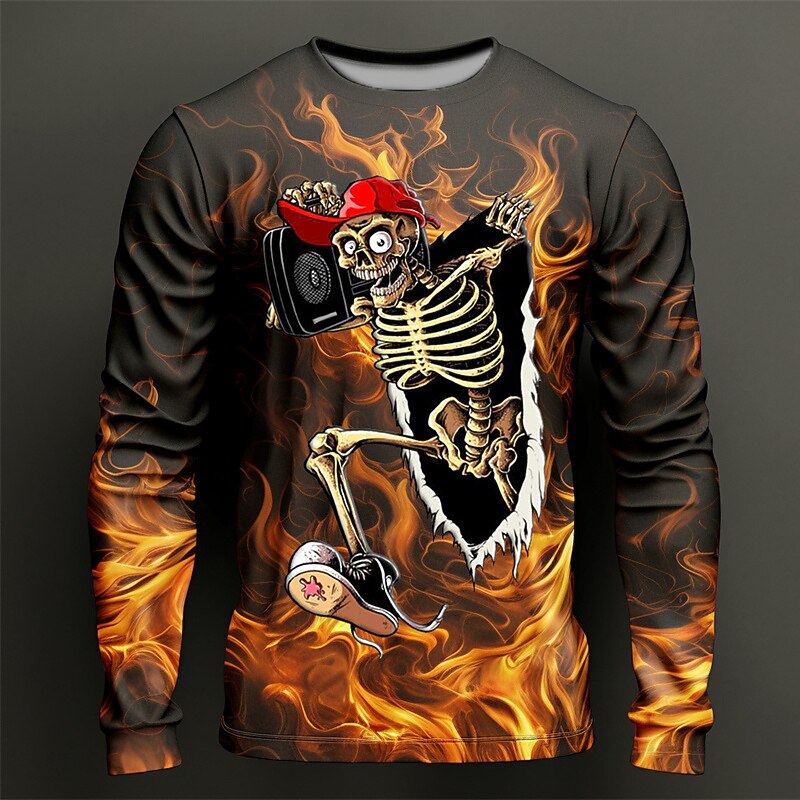 Hombre Graphic Fuego Calavera Camiseta Manga Larga Camiseta