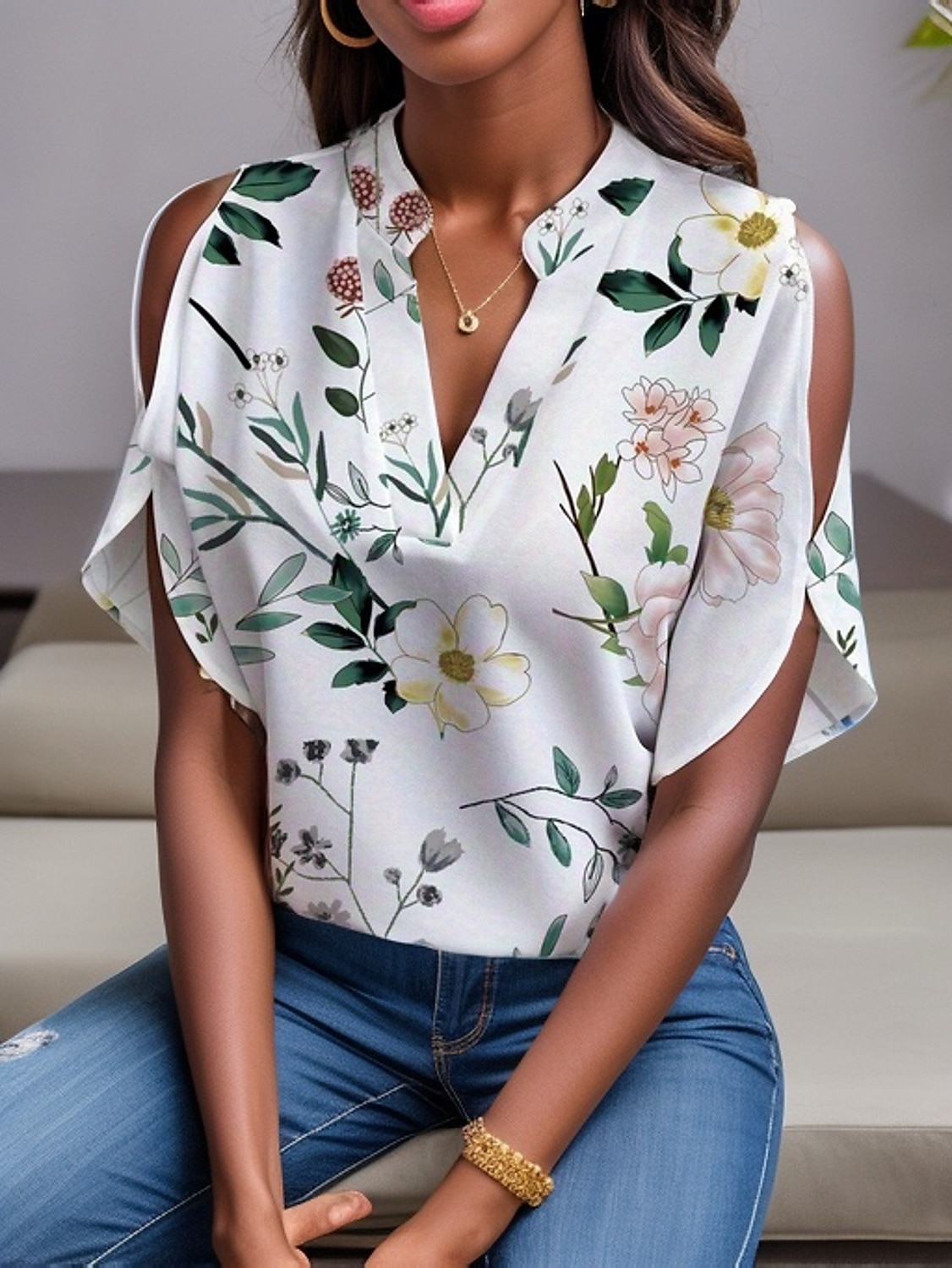 Overhemd Blouse Dames Wit Rood Groen Bloemig Effen Uitknippen Casual Modieus V-hals Normale pasvorm S 2025 - $26.99 –P11