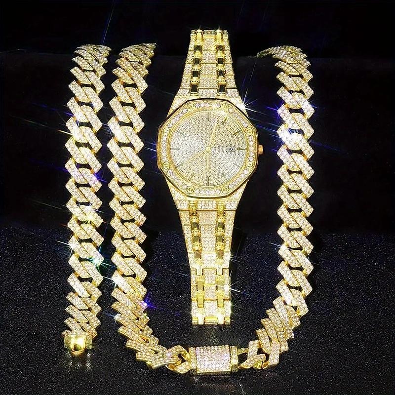 3pcs/set HipHop Mens Rhinestone Watch & Necklace & Bracelet Set, Christmas Gift 2025 - $38.99 –P1