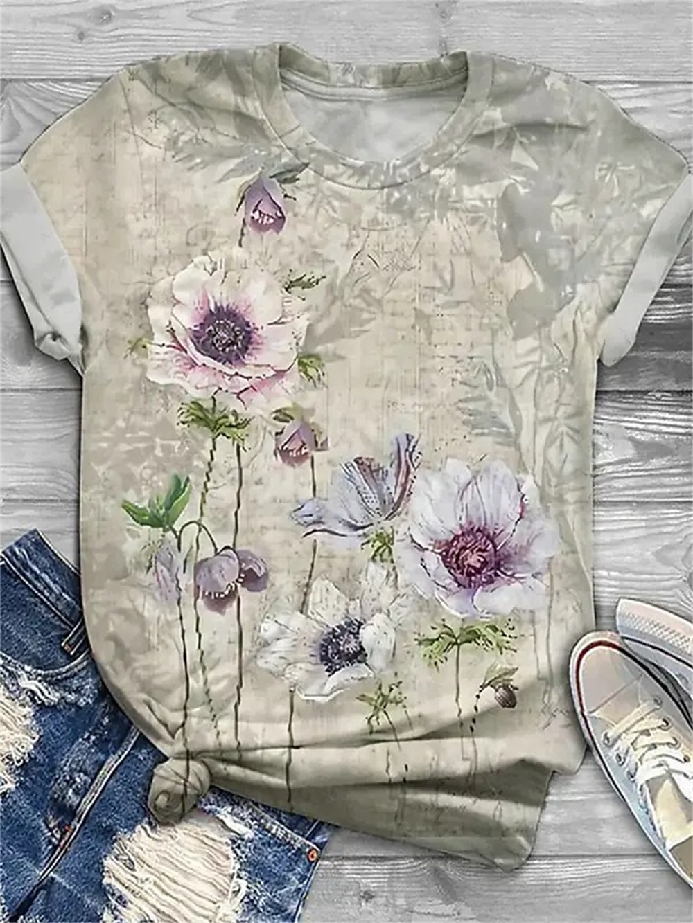 kvinners t-skjorte mote blomsterprint kortermede vanlige topper rund hals ferie helg gul rosa blå lilla grønn vår & sommer 2025 - $19.99 –P6