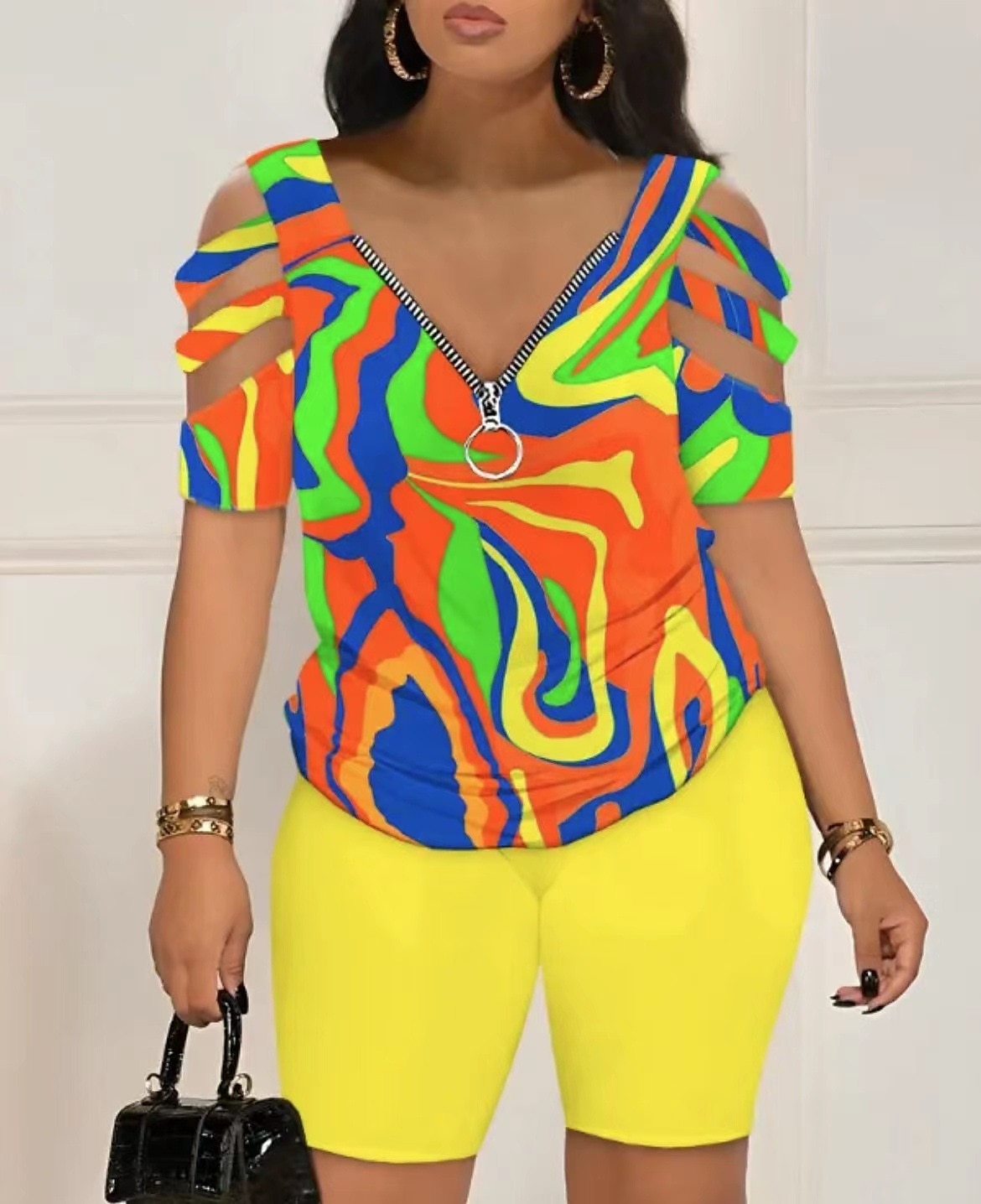 Femme Chemise Ensembles de shorts Graphic Zippé Découpé Casual Quotidien Mode Manche Courte Col V Noir Eté de 2025 ? $32.99 –P4