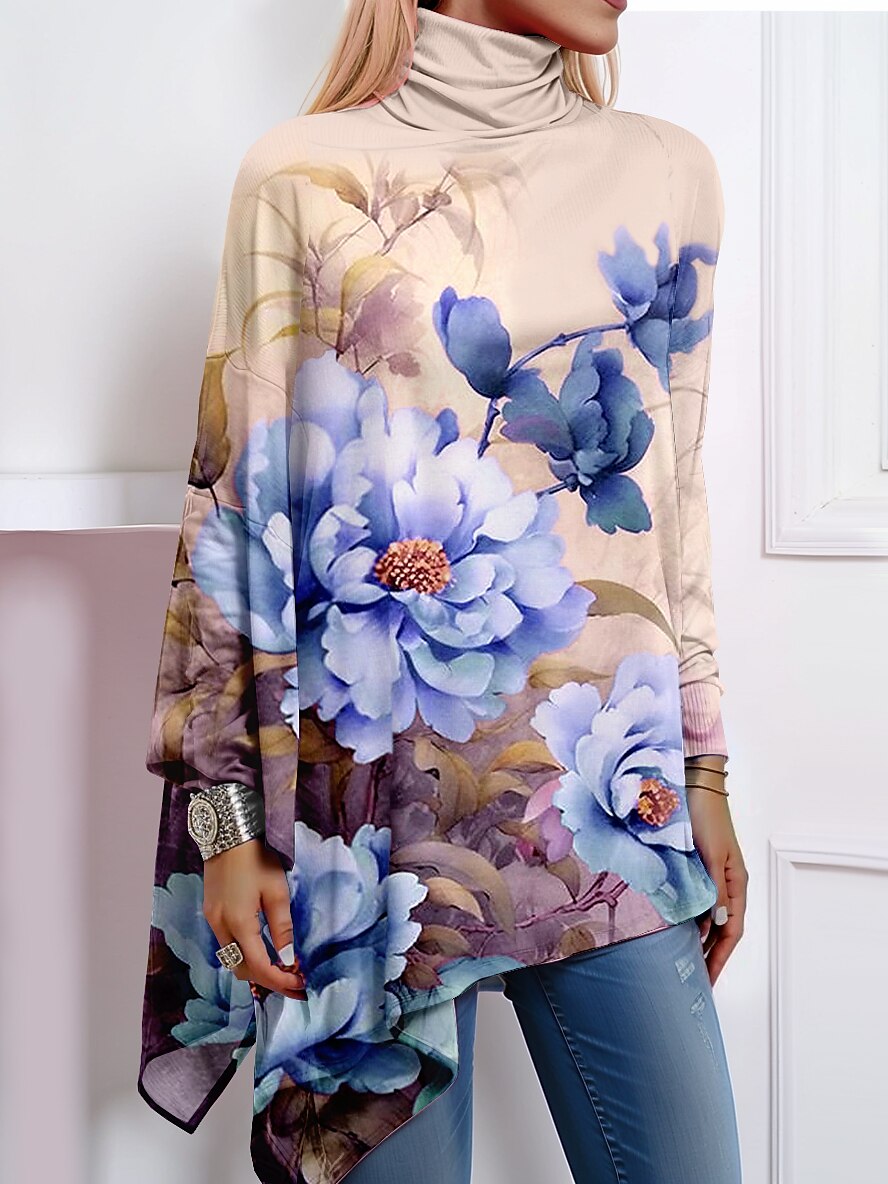 Dame T-skjorte Mote Blomster Print Asymmetrisk Kant Langermet Vanlige Topper Høy Hals Casual Ferie Rosa Blå Grønn Khaki Vår Høst 2025 - $23.99 –P2