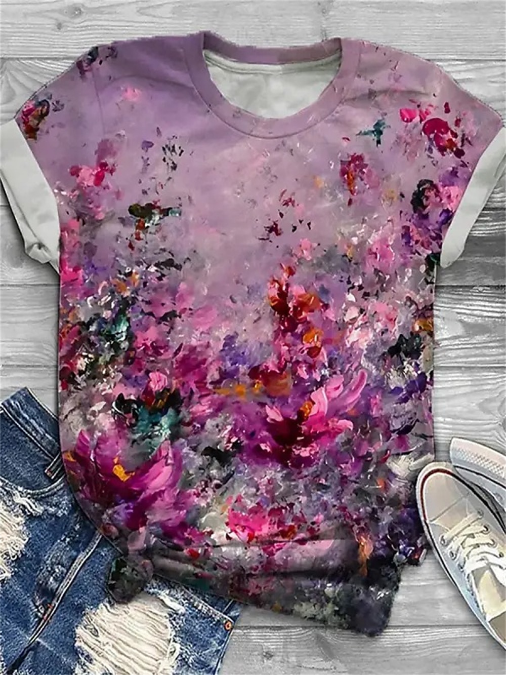 kvinners t-skjorte mote blomsterprint kortermede vanlige topper rund hals ferie helg gul rosa blå lilla grønn vår & sommer 2025 - $19.99 –P5
