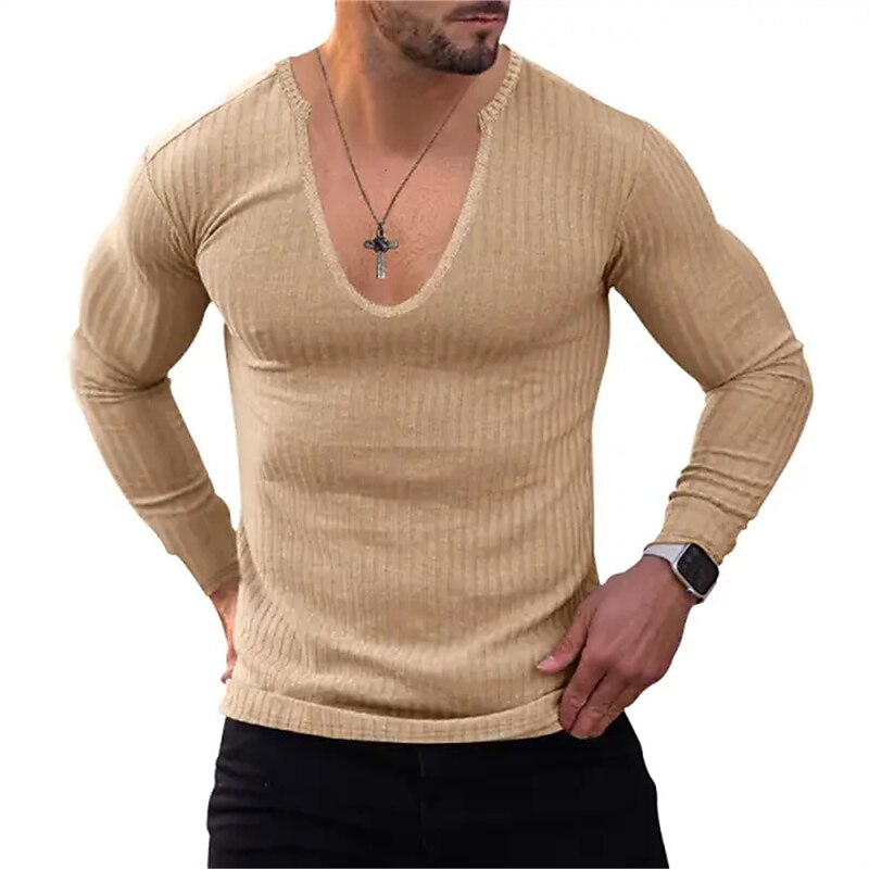 Men's T Shirt Knit Tee Tee Top Long Sleeve Shirt Long Sleeve V Neck Spring & Fall Plain Pit Strip Fashion Designer Basic Vacation Street Going out Wine Black Blue Top Tee for Men 2025 - $23.99 –P6