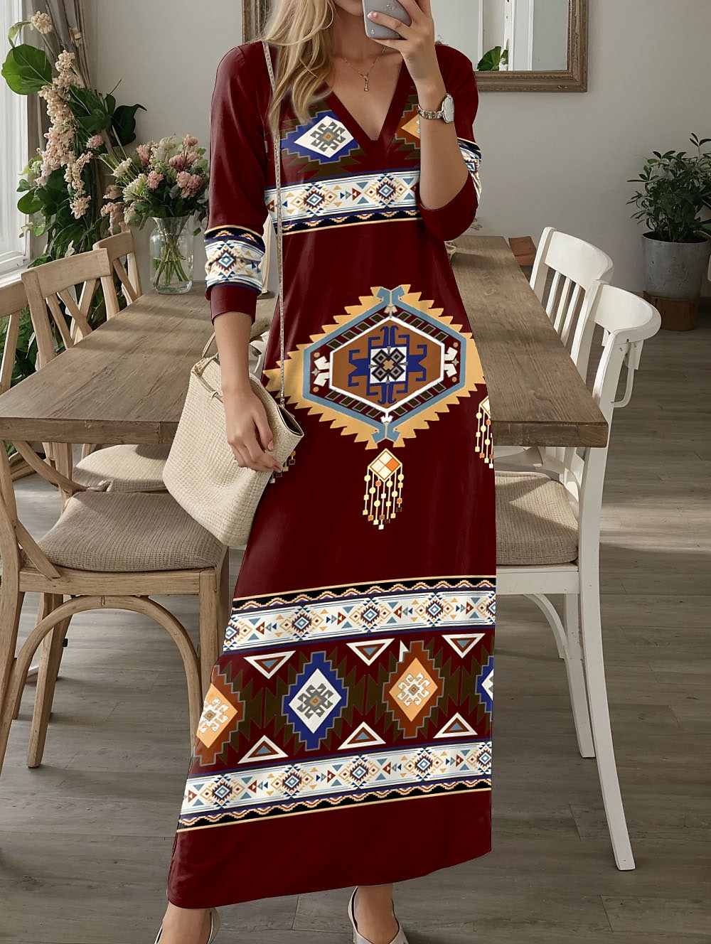 Rochie Maxi Femei Rochie Casual Rochie T-Shirt Rochie Tee Imprimare Tribal Floral cu Buzunar Decolteu în V Rochie Lungă Rochie Maxi Vintage Etnică Întâlnire Vacanță Mâneci Lungi Toamnă Iarnă 2025 - $36.99 –P3