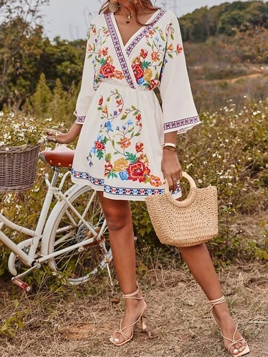 női alkalmi ruha virágmintás v nyak mini ruha etnikai boho vakáció 3/4 hosszú ujjú nyár tavasz 2025 - $27.99 –P5