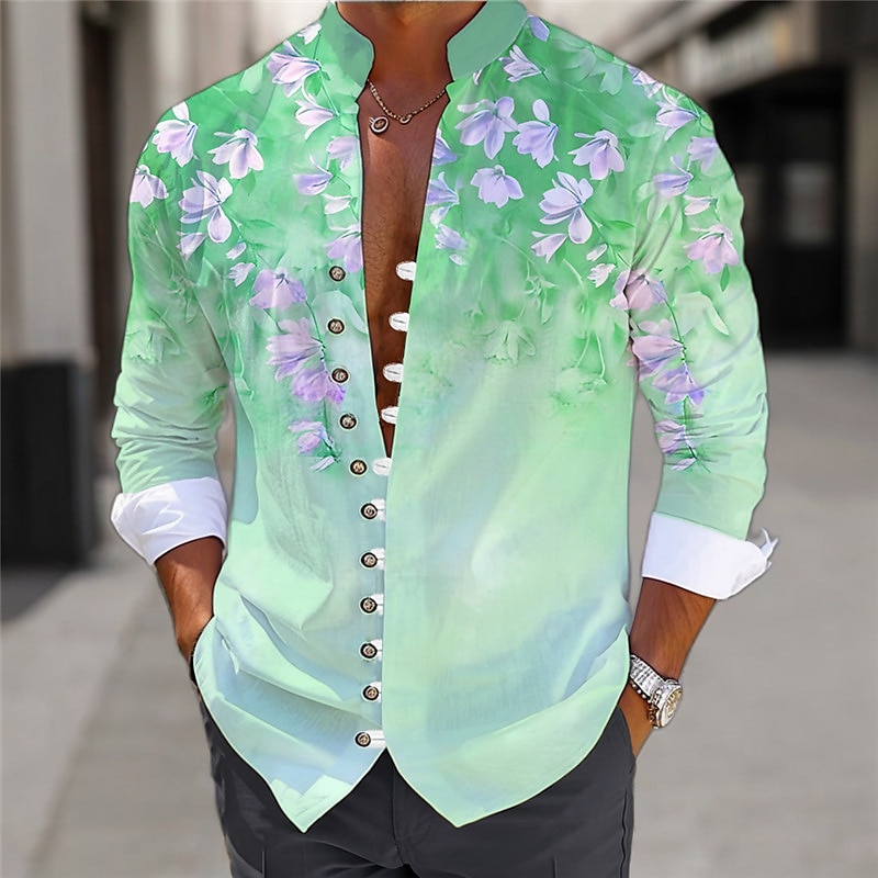 Herren Blumen Hemd leinenhemd Aloha-Shirt Langarm Brautkleider schlicht Freizeitskleidung Ausgehen Wochenende Frühling Stehkragen Bedruckt Button-Down Blau Purpur Grün 2025 - $25.99 –P18
