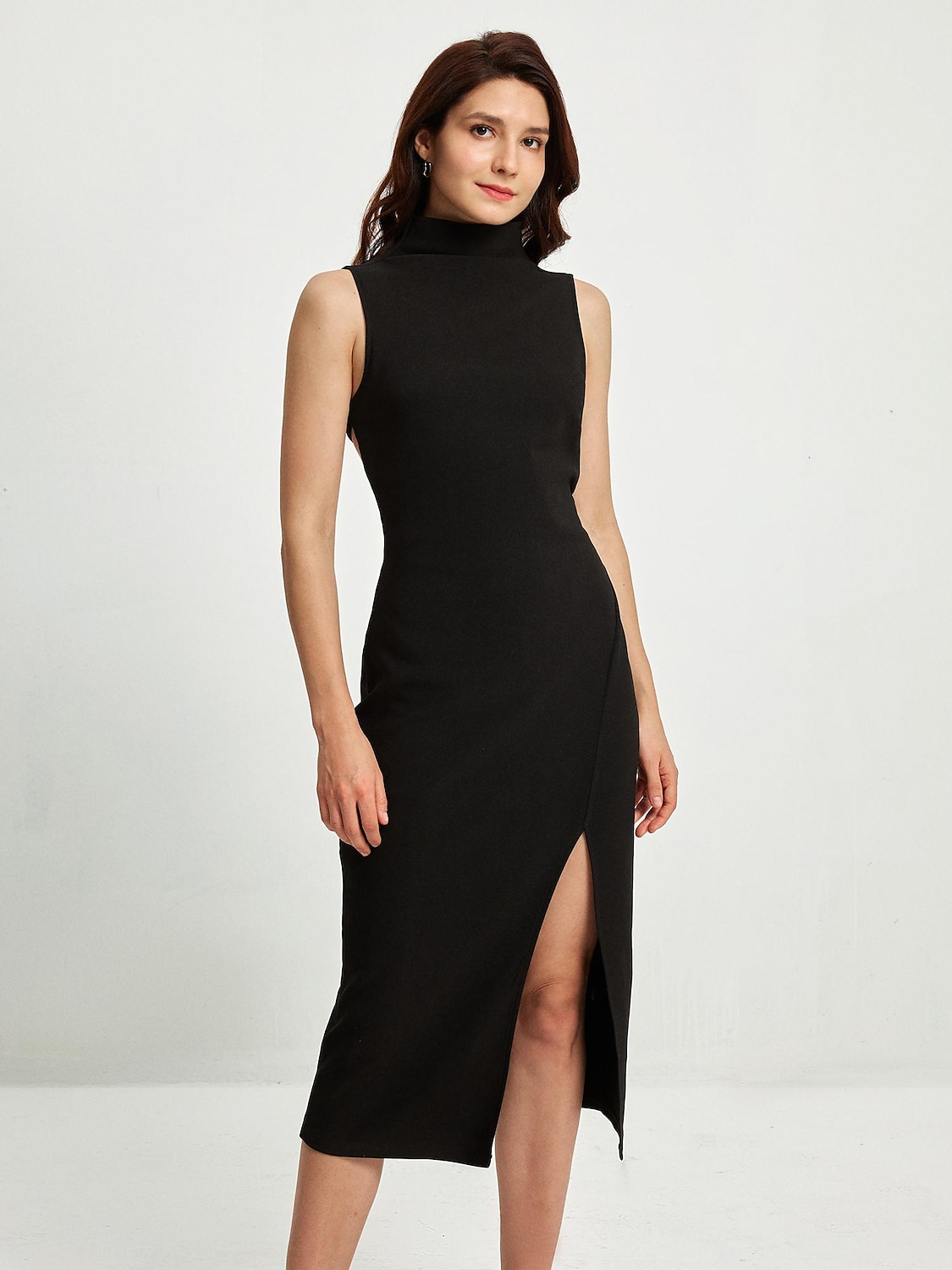 rochie neagra dama rochie fara maneci cu crapatura inalta rochie de petrecere midi cu gat inalt 2025 - $22.99 –P3