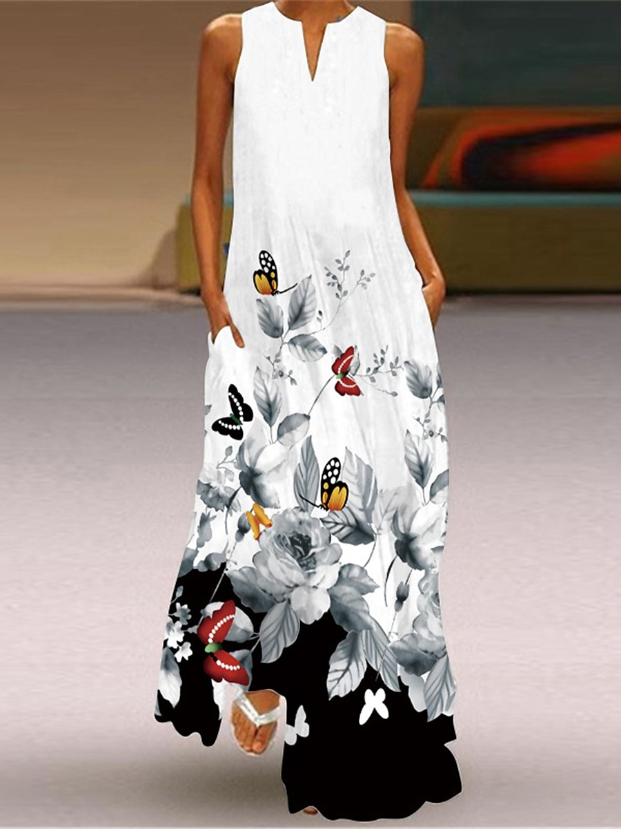 Women's Valentine Dress Tank Dress Floral Butterfly Pocket Print Split Neck Long Dress Maxi Dress Vacation Long Sleeve Summer 2025 - $27.99 –P3