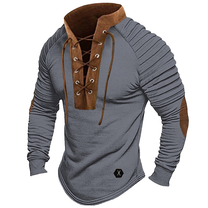 Hombre Camiseta Camiseta superior Camisa de manga larga Manga Larga Cuello Mao Primavera & Otoño Bloque de color delgado plisado Moda Design Básico Correa Retazos Vacaciones Calle Noche Negro Marrón 2026 - $12.99 –P3