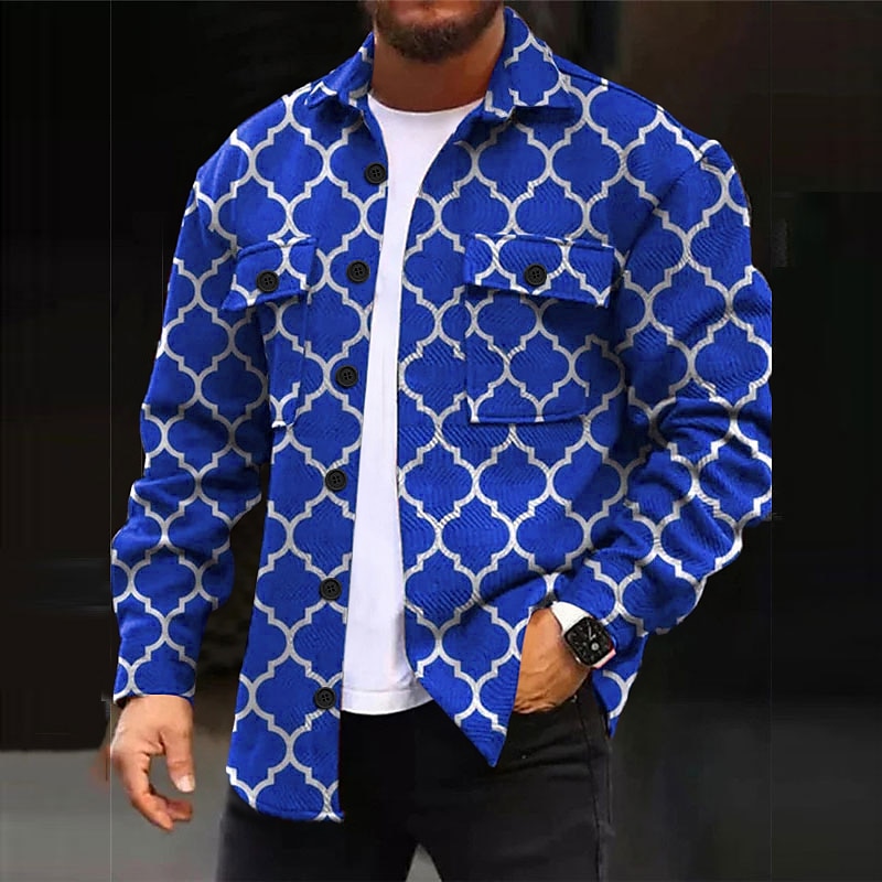 Herren Geometrie Hemd Hemdjacke Overshirt Langarm Brautkleider schlicht Outdoor Strasse Casual Herbst Winter Umlegekragen Knopf Tasche Bedruckt Schwarz Rote Blau Purpur 2025 - $37.99 –P2