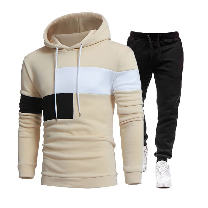 Men's Tracksuit Gym Shirt GYM Pants Workout Outfits Hooded Sports & Outdoor Daily Holiday Quick Dry Soft Color Block Black White Khaki Activewear Streetwear Sport Fall & Winter 2026 - $38.99 –P6