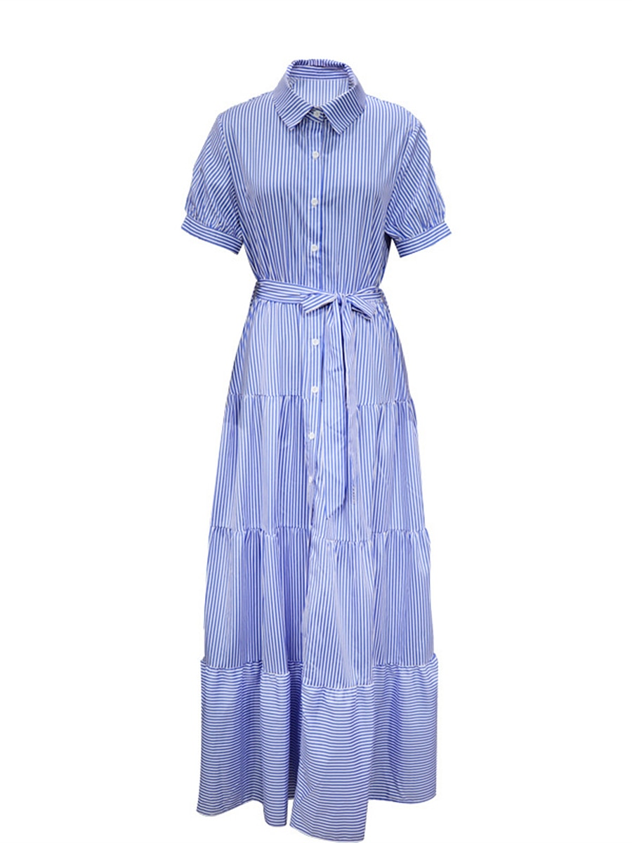 robe chemise femme robe décontractée rayure lacets volants col chemise robe longue robe maxi vacances manches courtes été printemps de 2025 ? $51.99 –P8