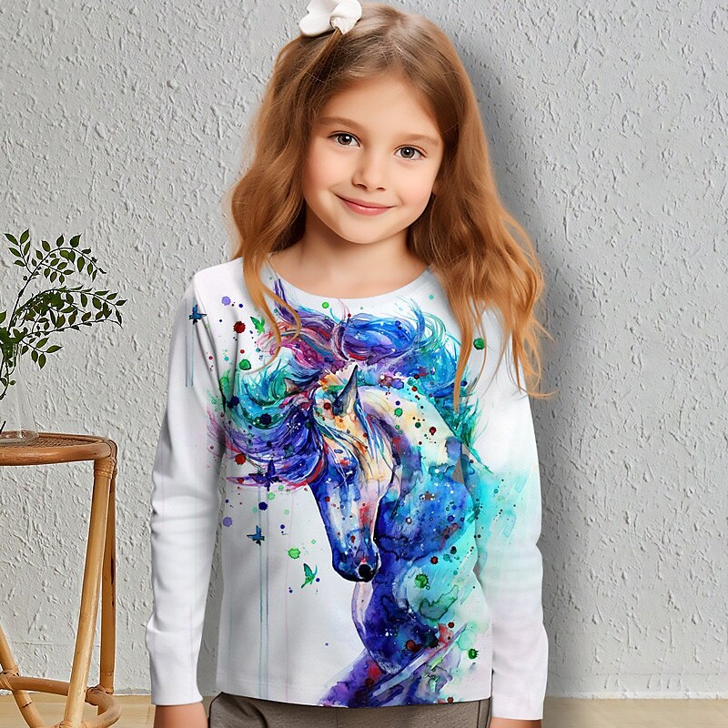 Fille 3D Cheval Tee-shirts Chemises manche longue 3D effet Printemps Automne Actif Mode Le style mignon Enfants 3-12 ans Col Ras du Cou Extérieur Casual du quotidien Standard de 2025 ? $13.99 –P2