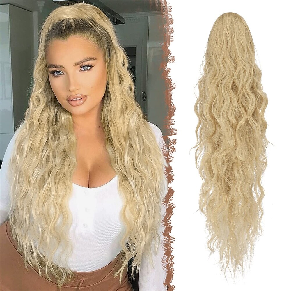 lang krullend golvend trekkoord paardenstaart extensions clip in golvend synthetische haarstukken trekkoord paardenstaarten haarstuk paardenstaart extensie voor vrouwen asblond 26 inch 2025 - $17.99 –P13