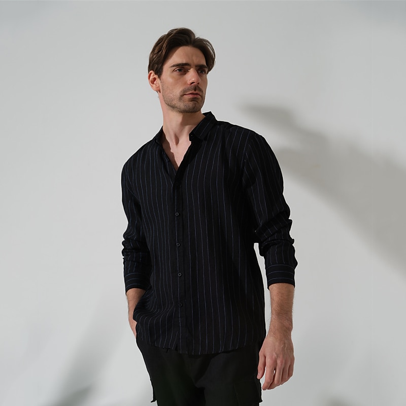 100% Linen Men's Shirt Linen Shirt Button Up Shirt Black Navy Blue Long Sleeve Stripes Lapel Spring &  Fall Outdoor Daily Clothing Apparel 2025 - $28.99 –P9