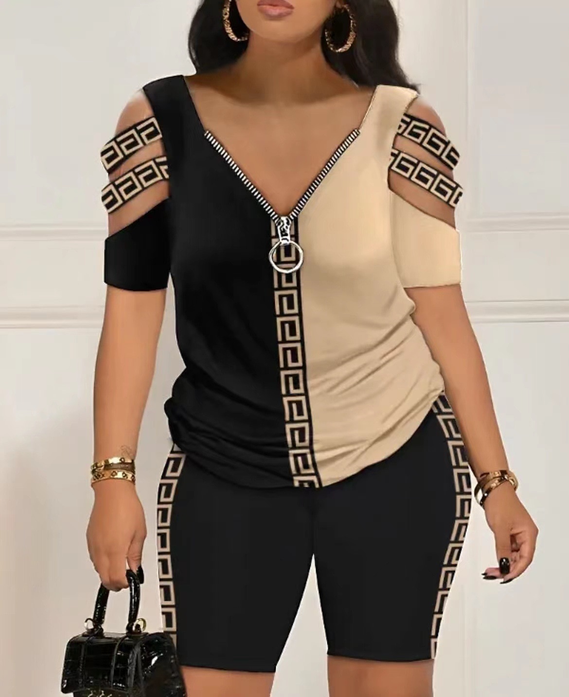 Femme Chemise Ensembles de shorts Graphic Zippé Découpé Casual Quotidien Mode Manche Courte Col V Noir Eté de 2025 ? $32.99 –P5