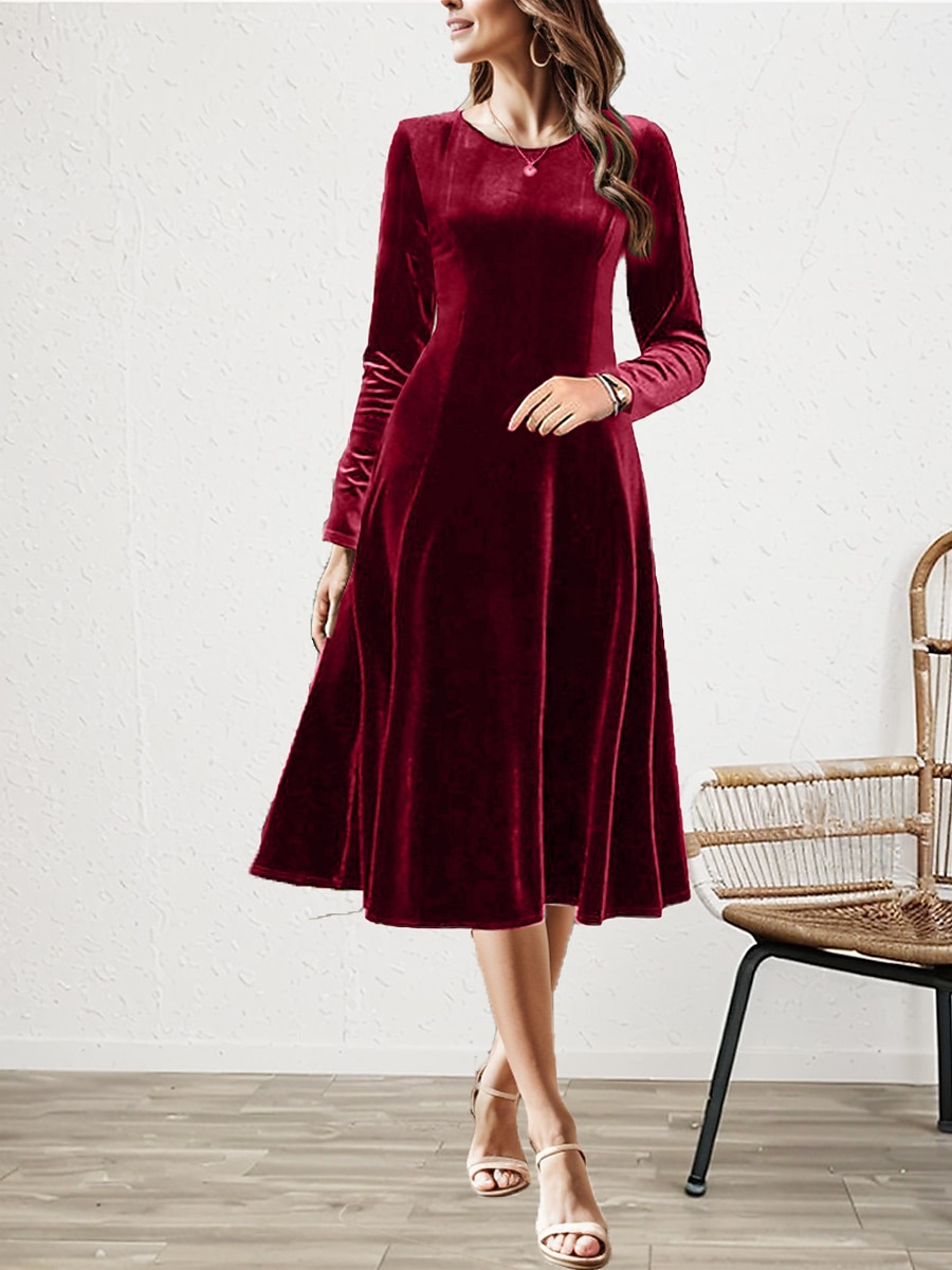 dames midi-jurk lange mouw fluweel bordeaux elegant avond uitlopend winter herfst semi-formeel normale pasvorm kleding kleding 2025 - $33.99 –P1