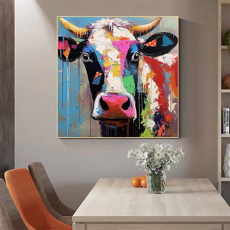 ručně malovaná barevná malba krávy na plátně paletový nůž těžký texturovaný obraz čtvercová stěna pop art statek umělecká díla dobytek dárek bez rámu 2025 - $108.99 –P5