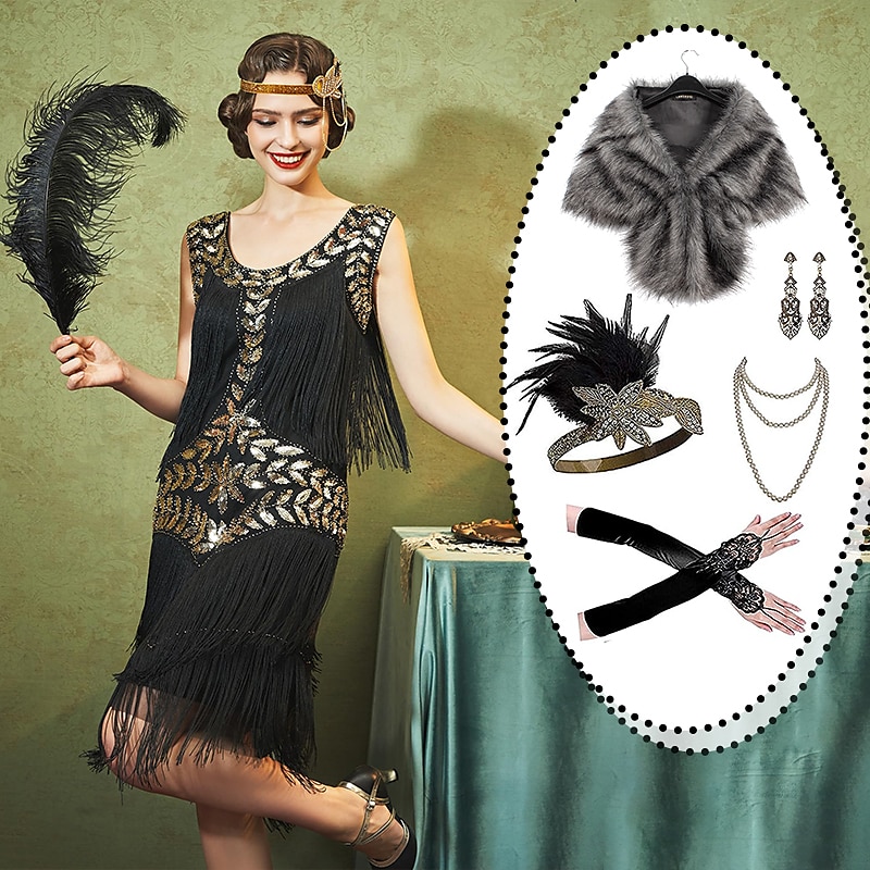 sett med midi flapper kjole fjær pannebånd fuskepels sjal halskjede øredobber lange operahansker kvinners brølende 20-tallet 1920-talls antrekk flapper jente cocktail maskeradefest karneval 2025 - $74.99 –P1