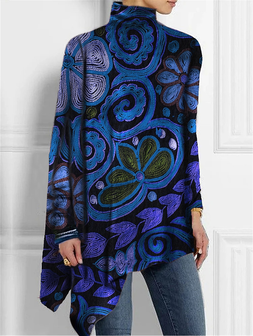 Camiseta de mujer de moda floral impresión dobladillo asimétrico de manga larga largos tops cuello alto casual vacaciones rojo azul verde primavera y otoño 2026 - $25.99 –P5