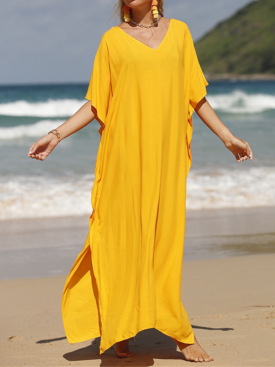 robe blanche Robe casual Robe d'été Femme robe longue Fendu Rendez-vous Vacances Plage Maxi basique Col V Demi Manches Ample Noir Blanche Jaune Taille unique de 2025 ? $41.99 –P15