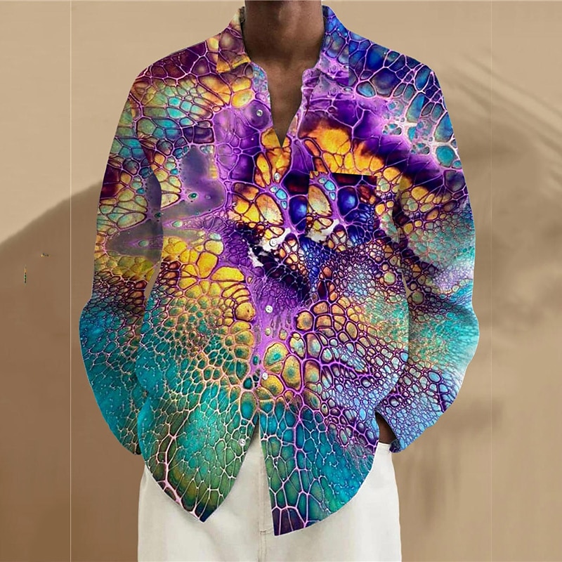 Voor heren 3D Print Overhemd linnen overhemd Overhemd met knopen Lange mouw Artistiek Abstract Alledaagse kleding Uitgaan Weekend Lente Strijkijzer Afdrukken Button-omlaag Paars Geel Groen 2025 - $25.99 –P2