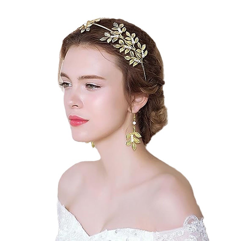 Conjunto de pendientes y collar de perlas, diadema de hojas a la moda, pulsera de alambre de hierro, conjunto de novia para Carnaval 2025 - $18.99 –P5