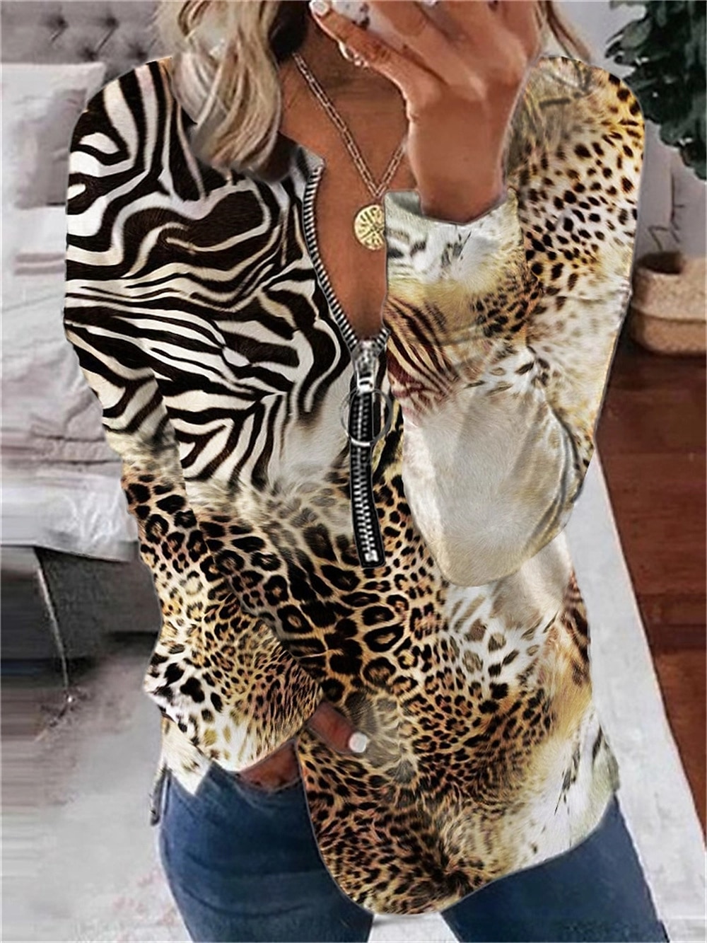 kvinners valentine hjerte sweatshirt genser leopard fritidssport rund hals print kvart glidelås lange ermer svart hvit gul oransje grønn høst &amp; vinter 2025 - $33.99 –P5
