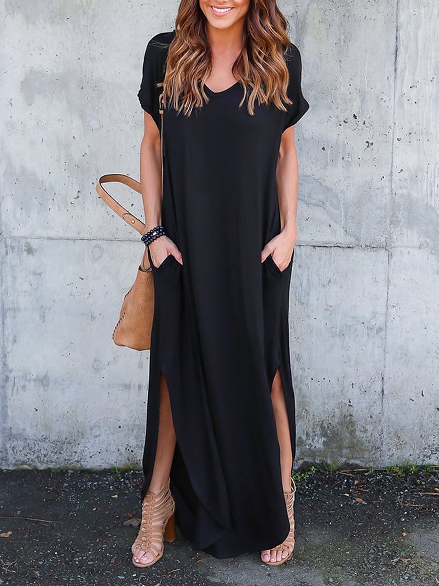 Damen Casual kleid kleid lang Baumwolle Tasche Gespleisst Verabredung Maxi Basic V Ausschnitt Kurzarm Schwarz Weiß Rosa Farbe 2025 - $39.99 –P16