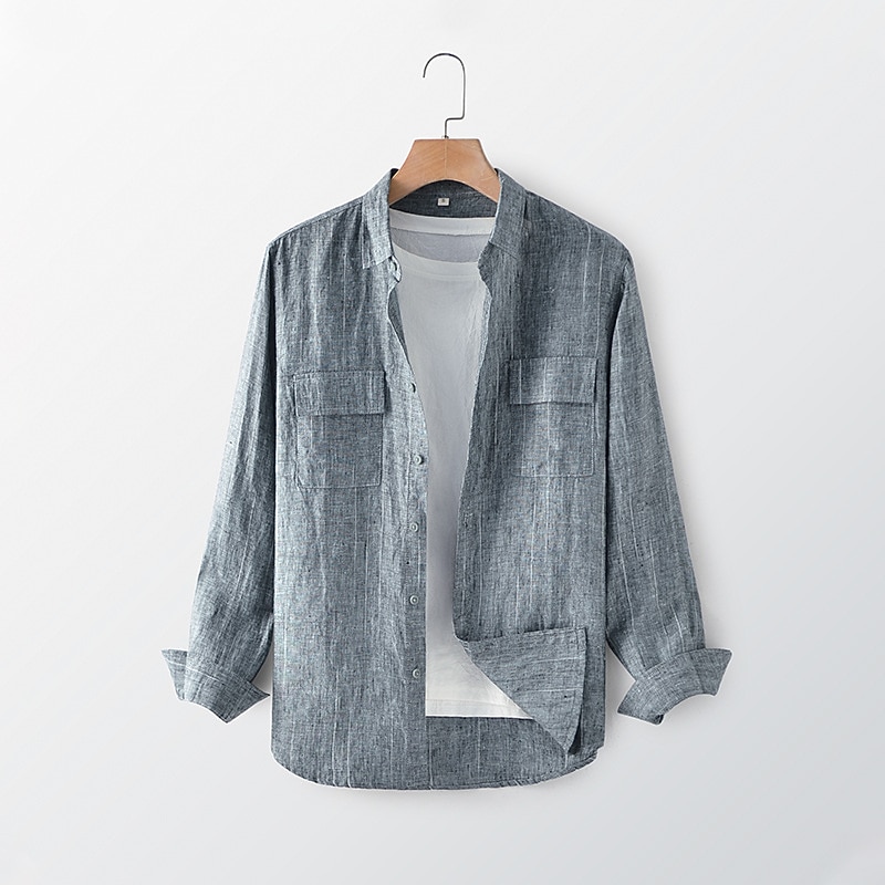 100% Lin Poche Homme Chemise Chemise Lin Chemise boutonnée Noir bleu marine manche longue Plein Revers Printemps & Automne Extérieur Vacances Vêtement Tenue de 2026 ? $39.99 –P9
