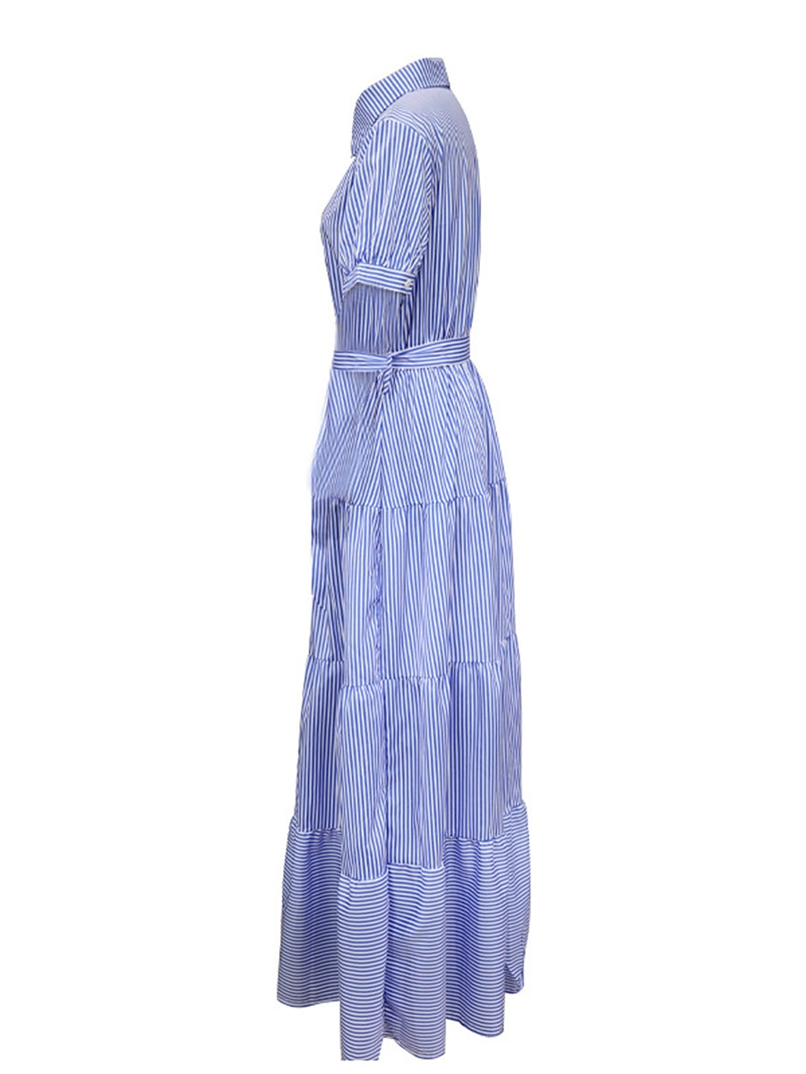 robe chemise femme robe décontractée rayure lacets volants col chemise robe longue robe maxi vacances manches courtes été printemps de 2025 ? $51.99 –P9