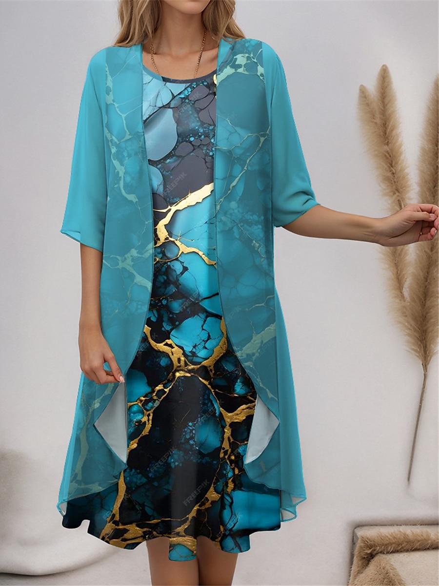 Robe de graduation pour femmes Robe Midi Ensemble de deux pièces Robe décontractée Robe en chiffon Robe imprimée Mode Imprimé floral moderne À manches mi-longues Col rond Extérieur Vacances Bleu de 2025 ? $41.99 –P2