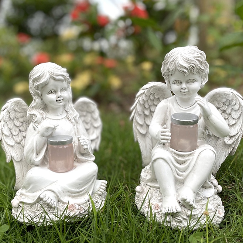 hageengel staty, engle fe statuett med solenergi lys, hage harpiks engel figurer ornament engle dekorasjon for plen kirkegård minnegaver, skytsengel hage statuette-jente 2025 - $37.99 –P1