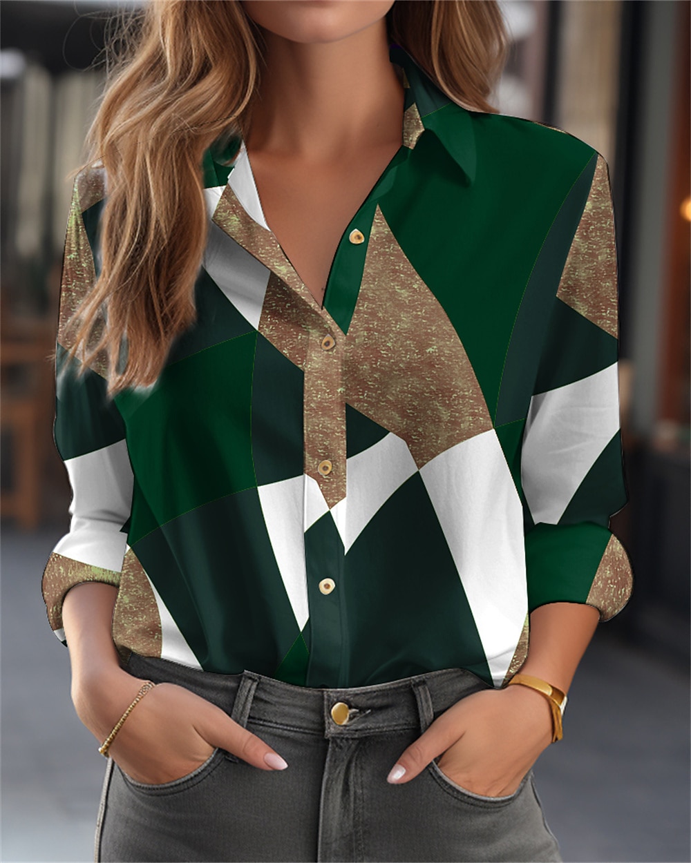 Camicia da donna a maniche lunghe blouse con bottoni moda geometrica stampa bottoni top regolari colletto camicia casual rosso blu viola verde primavera e autunno del 2025 a $26.99 –P4