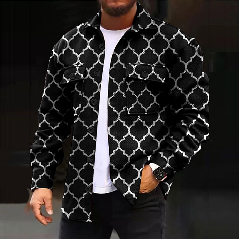 Herren Geometrie Hemd Hemdjacke Overshirt Langarm Brautkleider schlicht Outdoor Strasse Casual Herbst Winter Umlegekragen Knopf Tasche Bedruckt Schwarz Rote Blau Purpur 2025 - $37.99 –P4