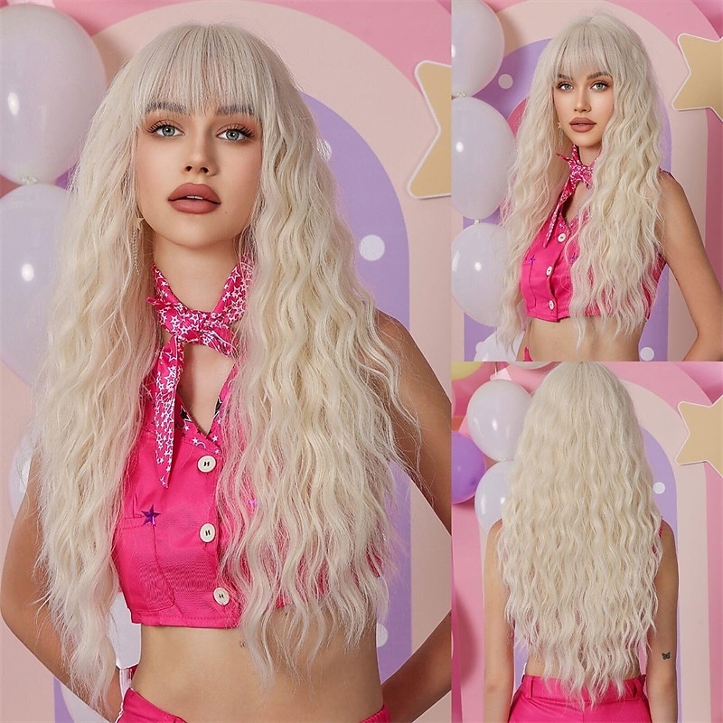 zwarte pruik met pony voor vrouwen lang golvend haar pruik zwarte pruik krullend golvend synthetische pruiken voor meisjes dagelijks feestgebruik 2025 - $26.99 –P13