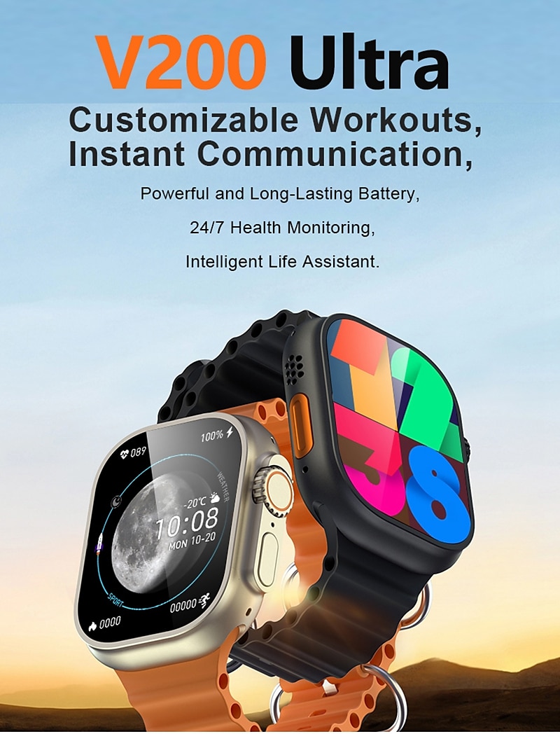 V200 Ultra Smart Watch 2.01 inch Smartwatch Fitness Running Watch Bluetooth Pedometer Call Reminder Fitness Tracker Compatible with Android iOS Women Men Long Standby Hands-Free Calls Waterproof IP 67 2024 - $19.99 –P1