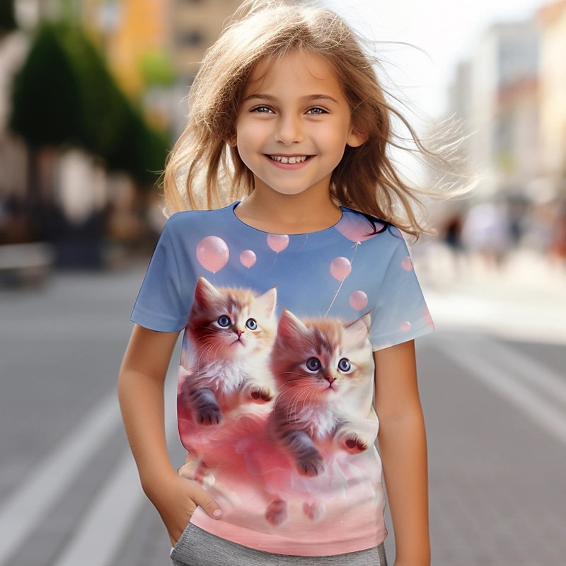 Girls' 3D Cat Tee Shirts Pink Short Sleeve 3D Print Summer Active Fashion Cute Kids 3-12 Years Crew Neck Outdoor Casual Daily Regular Fit 2026 - $11.99 –P3