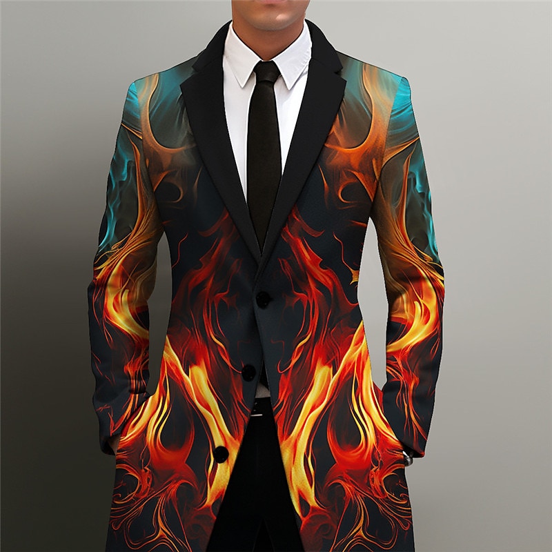 Flame Business Abstract Men's Coat Work Wear to work Going out Fall & Winter Turndown Long Sleeve Blue Orange Green S M L Polyester Weaving Jacket 2024 - $45.99 –P1