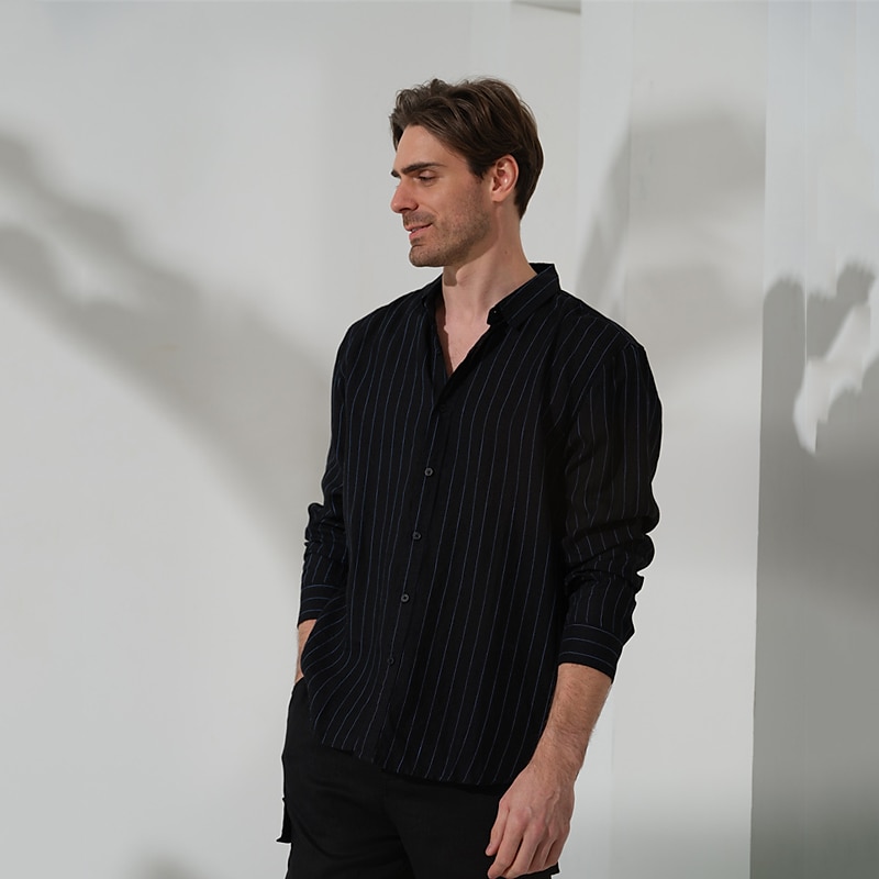100% Linen Men's Shirt Linen Shirt Button Up Shirt Black Navy Blue Long Sleeve Stripes Lapel Spring &  Fall Outdoor Daily Clothing Apparel 2025 - $28.99 –P7