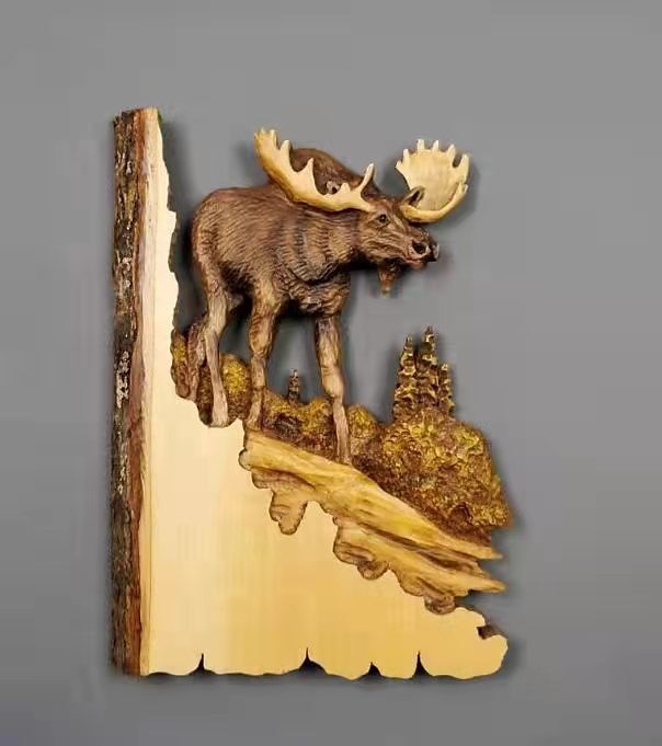 Escultura colgante de pared artesanal tallada en animales, decoración pintada a mano de ciervo, oso mapache de madera, para la sala de estar del hogar 2025 - $10.99 –P6