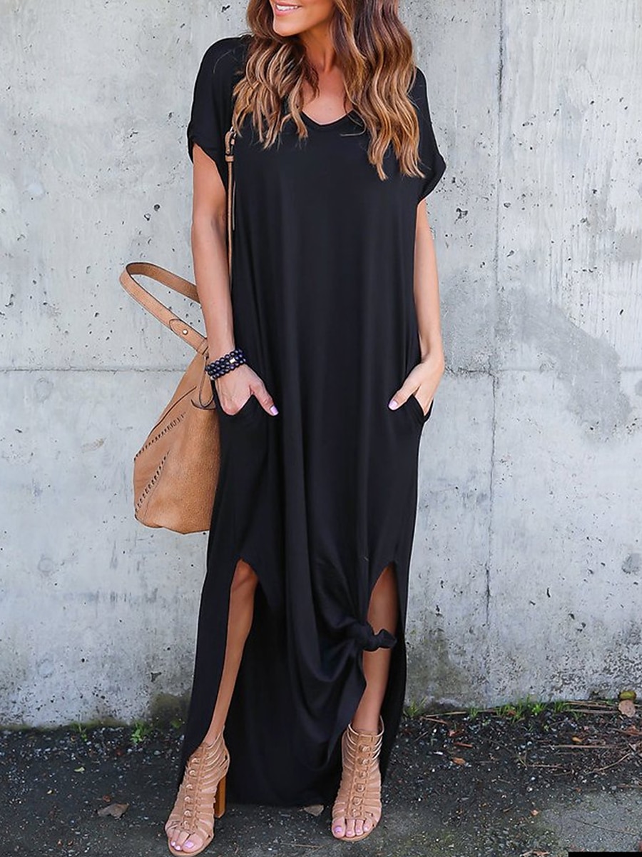Damen Casual kleid kleid lang Baumwolle Tasche Gespleisst Verabredung Maxi Basic V Ausschnitt Kurzarm Schwarz Weiß Rosa Farbe 2025 - $39.99 –P13