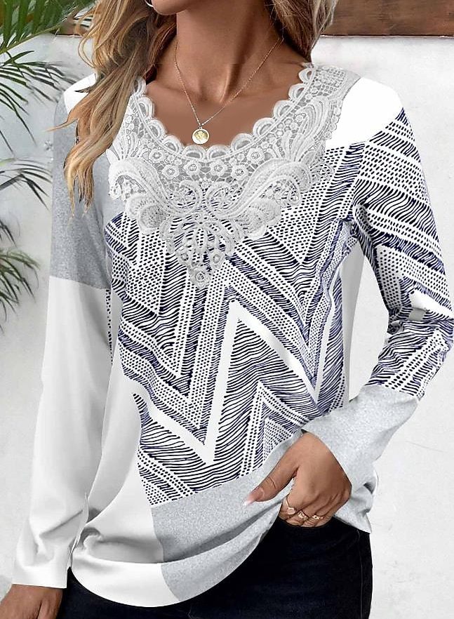 Bluză tunică pentru femei modă imprimeu abstract cu fluturi dantelă mânecă lungă topuri obișnuite gât rotund casual negru alb albastru khaki gri primăvară și toamnă 2025 - $23.99 –P5