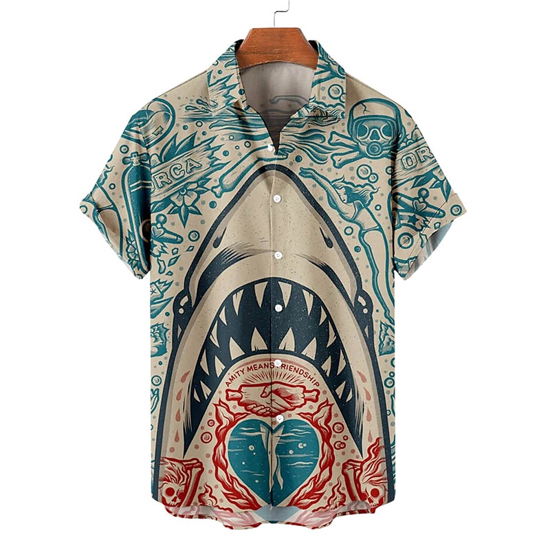Herre Hai Tropisk Skjorte Hawaii skjorte Aloha skjorte Kortermet Skjorte Aftæpning Fritid utendørs Gate Fritid / hverdag Rosa Rød Blå S M L 2025 - $24.99 –P1