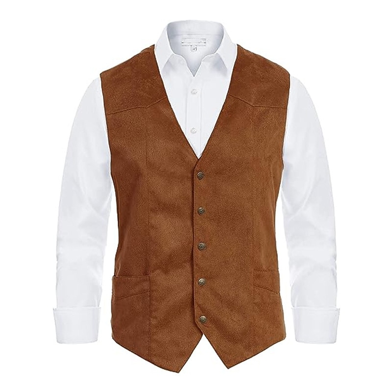 Homme Gilet en daim Usage quotidien Vacances Sortie Style vintage Chic et moderne Printemps & Automne Bouton Polyester Confortable Plein Boutonnage Simple Col V Standard Noir Marron Café Gris Gilet de 2025 ? $39.99 –P3