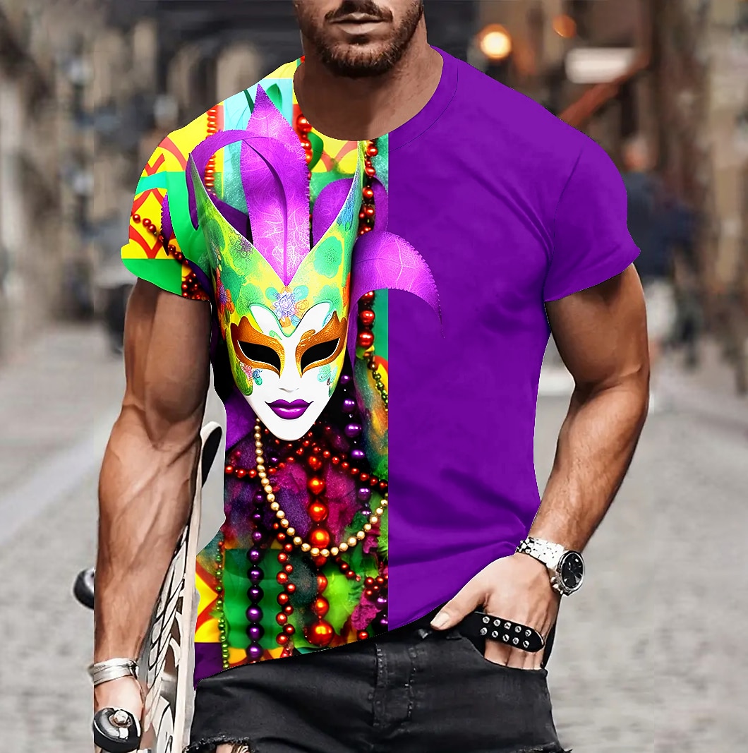 Men's Graphic Feathers Mask Mardi Gras Short Sleeve T shirt 3D Print Crew Neck Shirt Fashion Artistic Abstract Party Casual Holiday Purple Gold Green Summer Clothing Apparel Normal S M L XL XXL XXXL 2026 - $19.49 –P4