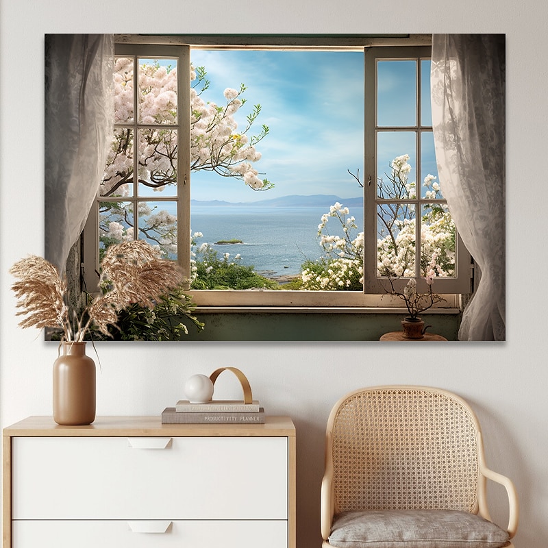 Paisaje pared arte lienzo ventana falsa primavera flores de cerezo impresiones y carteles fotos tela decorativa pintura para sala de estar fotos sin marco 2025 - $17.49 –P3
