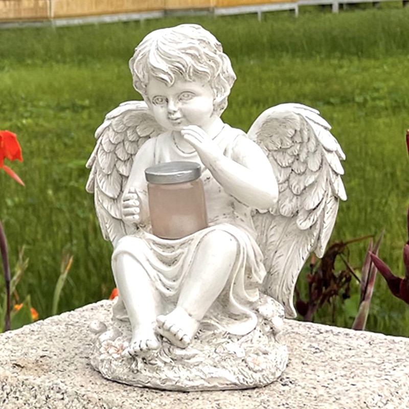 hageengel staty, engle fe statuett med solenergi lys, hage harpiks engel figurer ornament engle dekorasjon for plen kirkegård minnegaver, skytsengel hage statuette-jente 2025 - $37.99 –P3