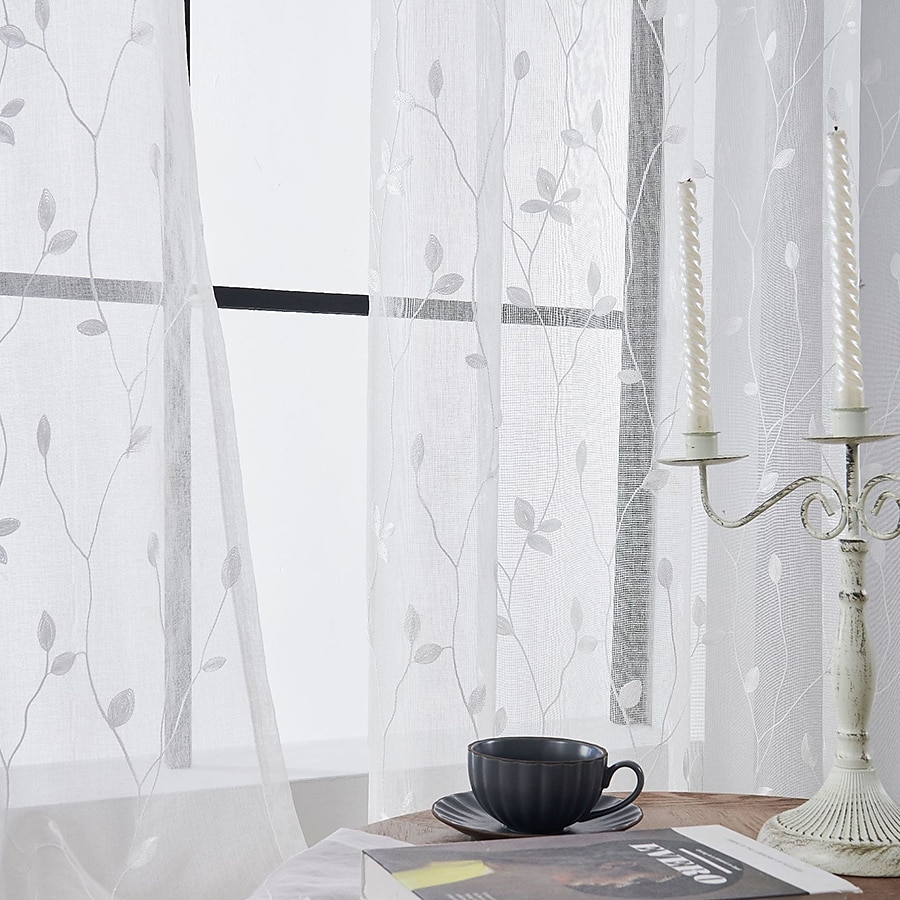 Rideau semi-transparent blanc brodé de feuilles, ensemble de rideaux à passe-tringle, panneau de fenêtre, drapé pour chambre de fille/chambre d'enfant/crèche/salon 1 panneau de 2025 ? $18.49 –P8